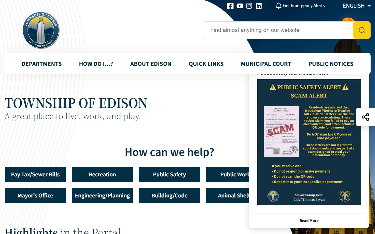 Edison Township website showing property and municipal service information