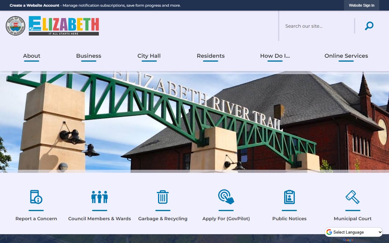 Elizabeth city website showing municipal property services and resources