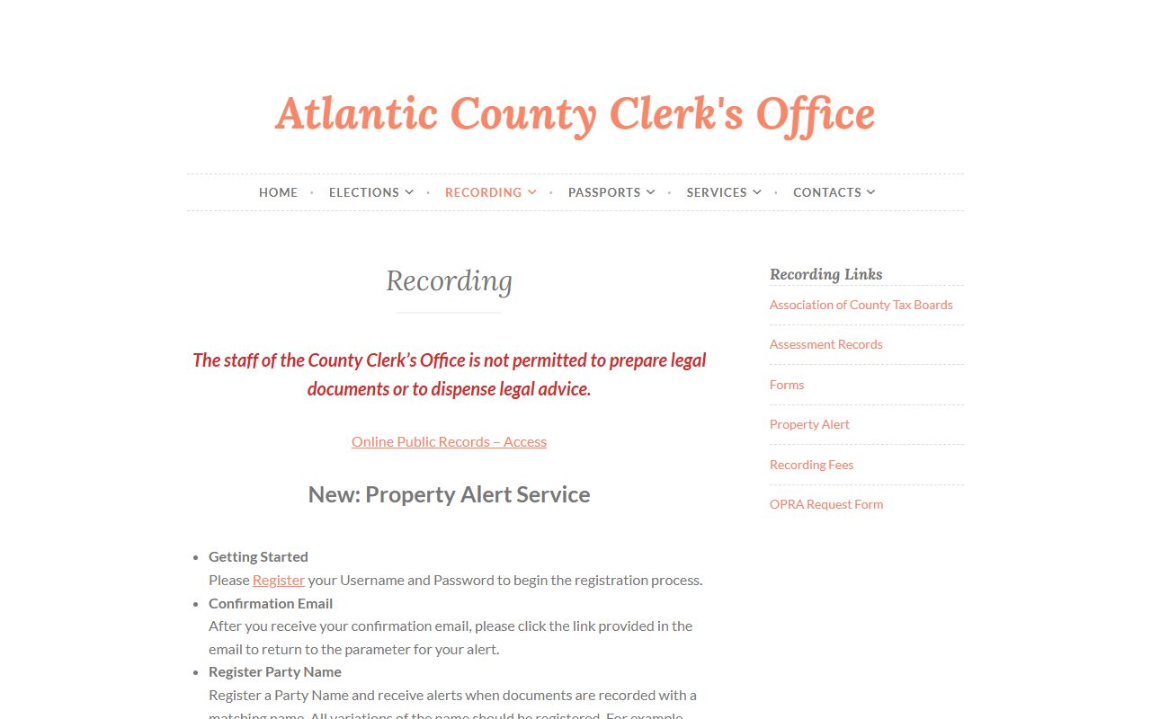 Atlantic County property alert service signup page for fraud protection