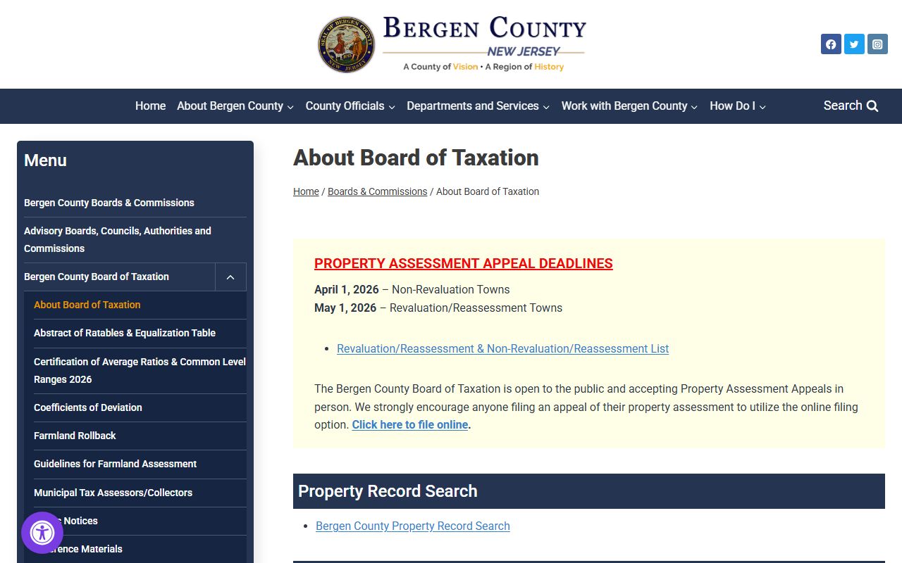 Bergen County Board of Taxation website for property tax assessment information