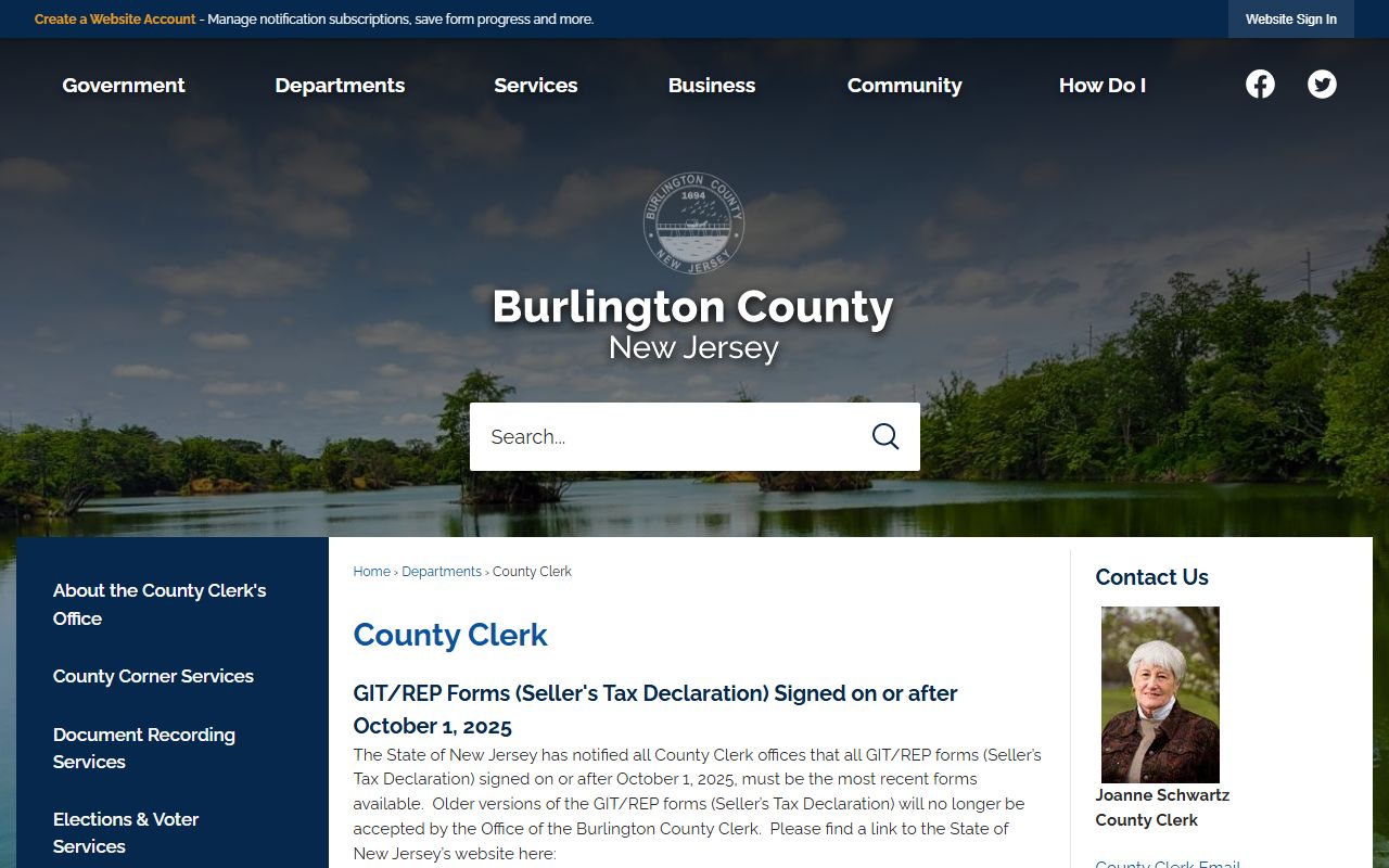 Burlington County Clerk website showing recording services and property record access