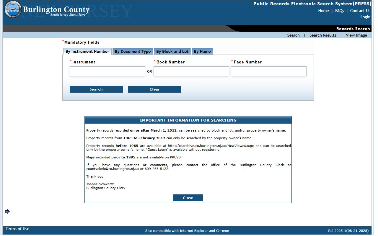 Burlington County PRESS public records search system for property documents