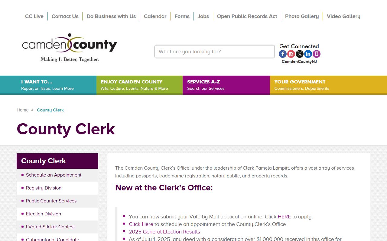Camden County Clerk website showing recording services and property record access