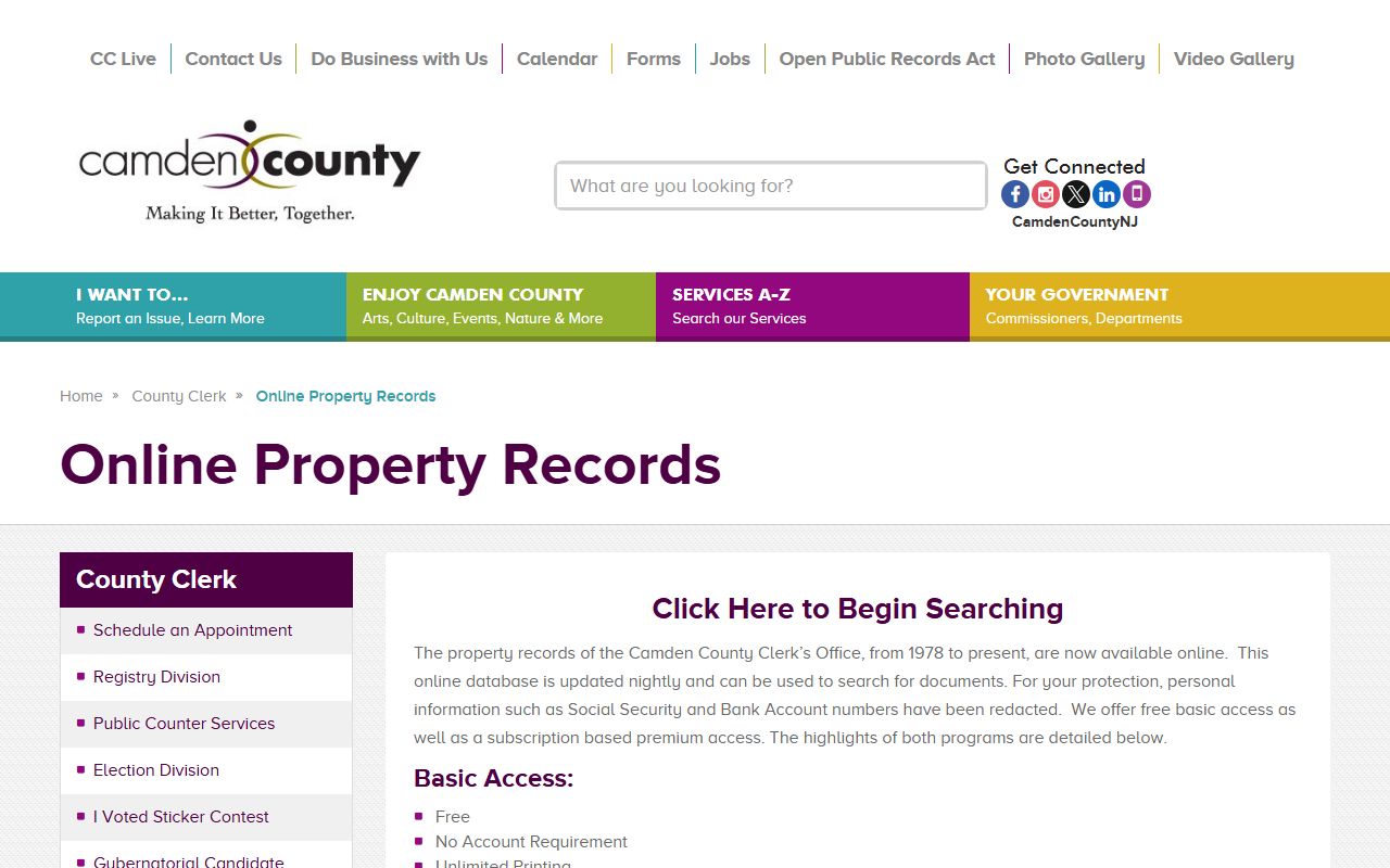 Camden County online property records search portal with free and premium access options