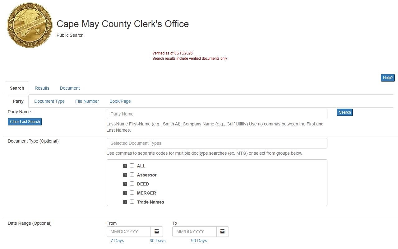 Cape May County land records portal for searching property documents dating back to 1692