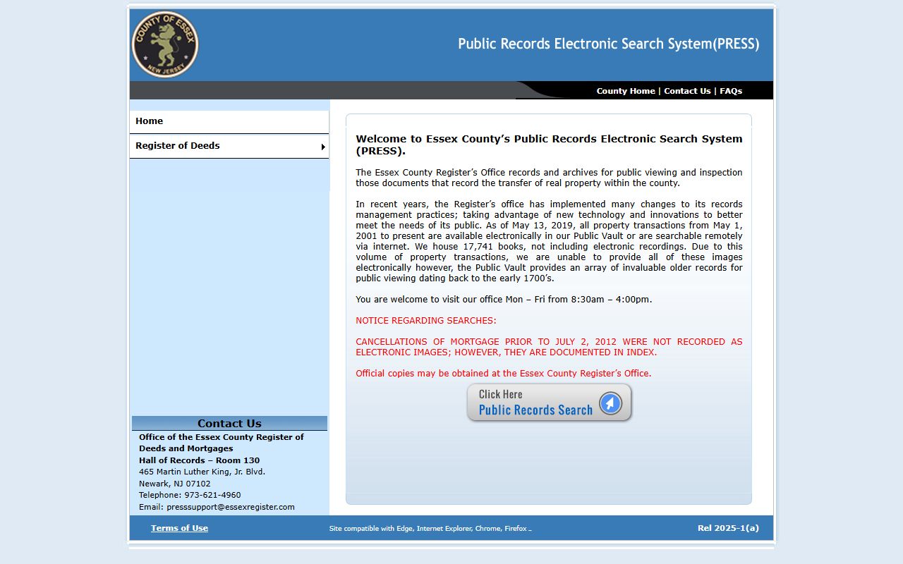 Essex County PRESS system login page for property records access