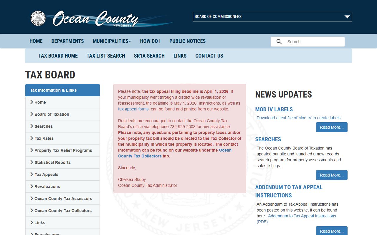 Ocean County Tax Board website for property tax records