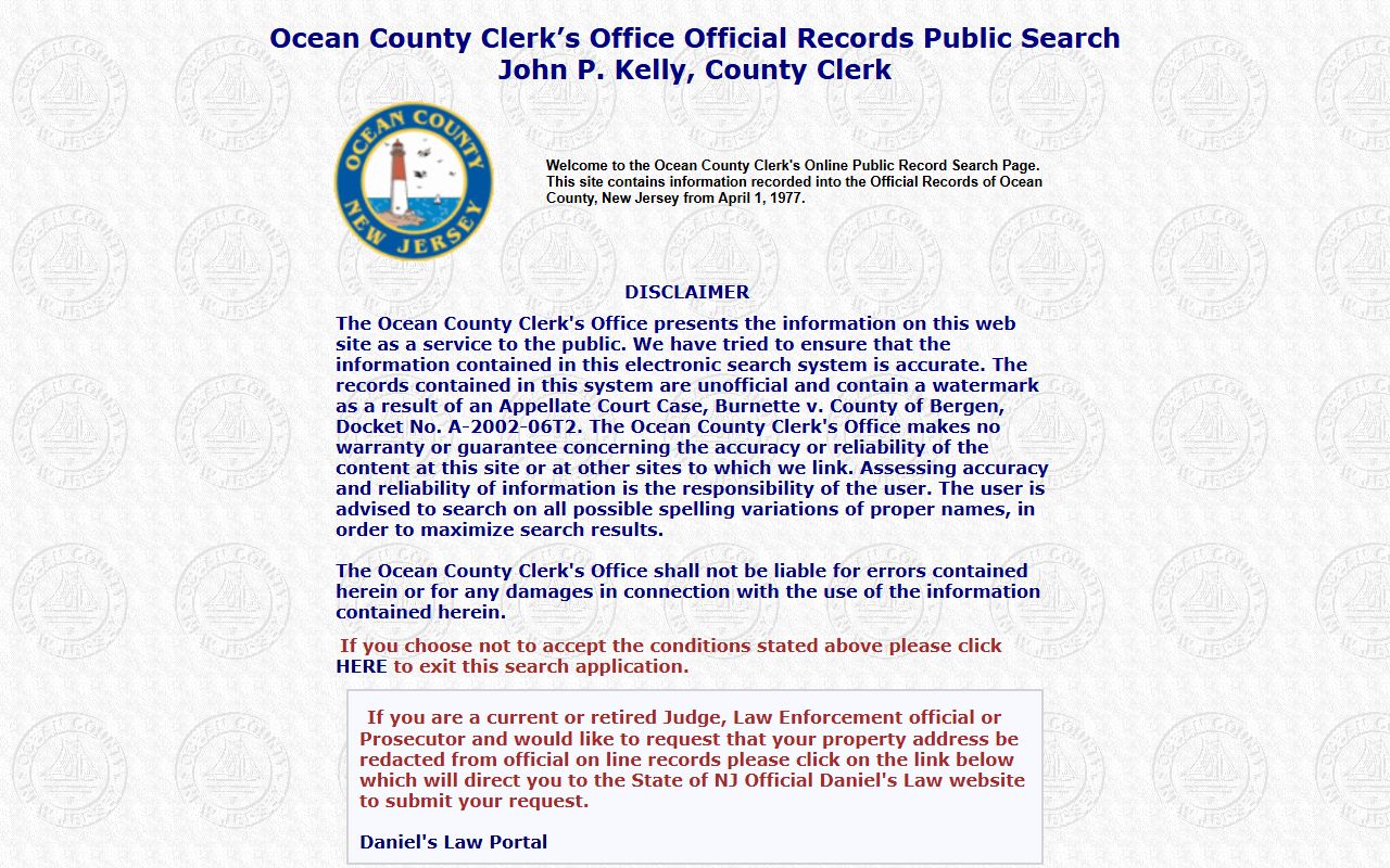 Ocean County land records search application for property documents