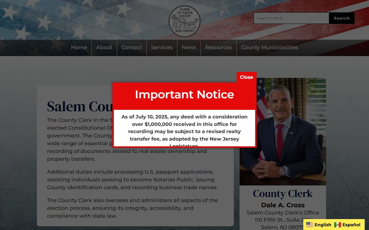 Salem County Clerk office information for property records access