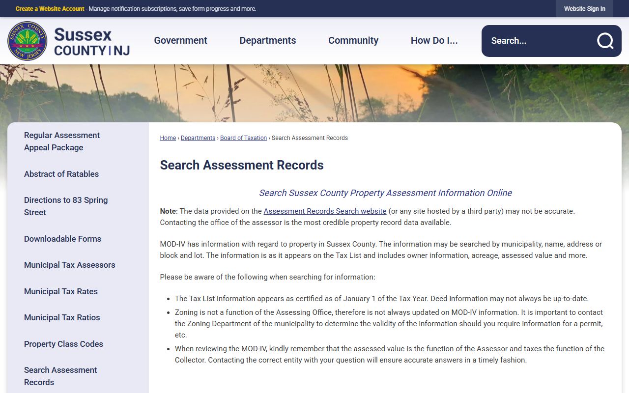 Sussex County assessment records search tool for property values