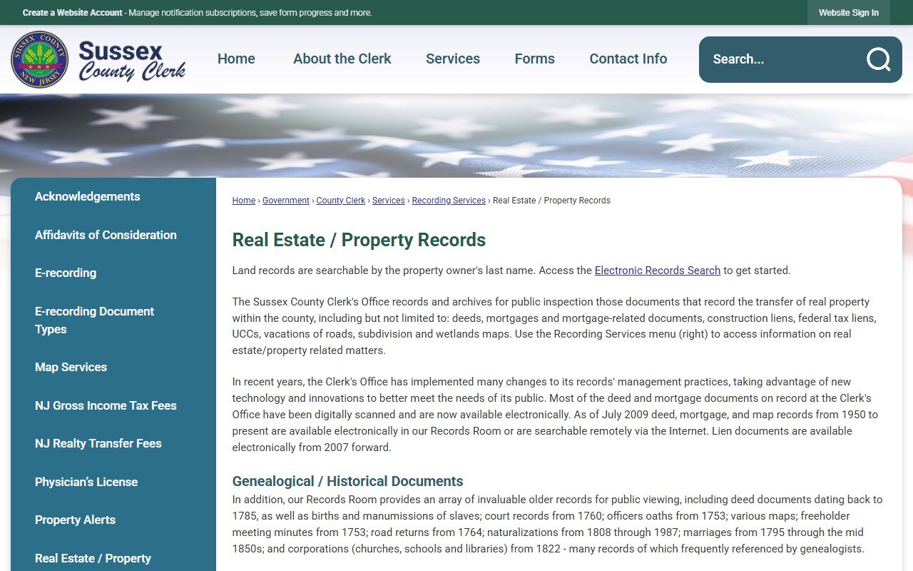 Sussex County real estate property records search page