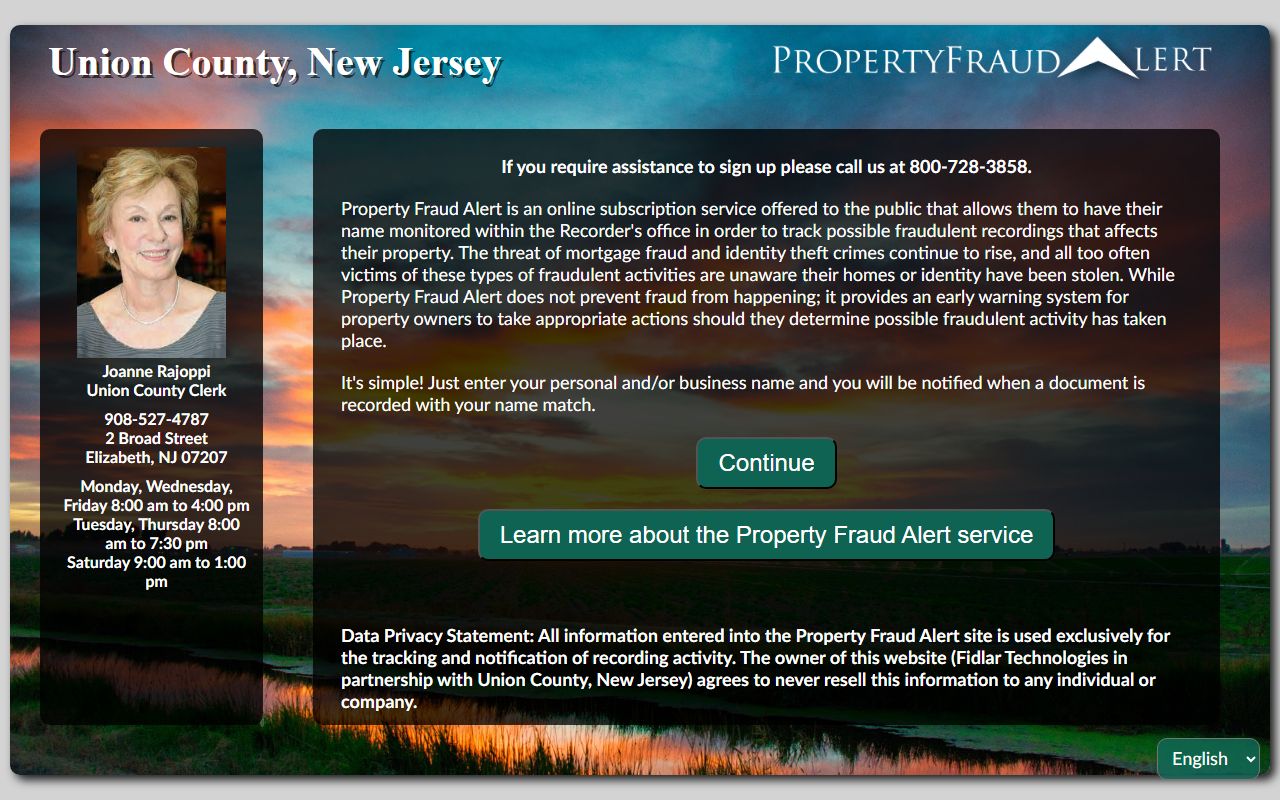 Union County Property Fraud Alert signup page for property owners