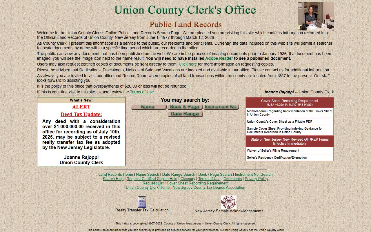 Union County online land records search portal for property documents