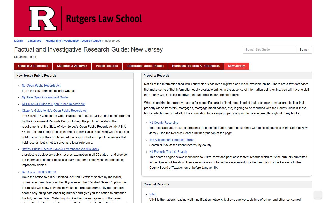 Rutgers Law Library guide to New Jersey property records research